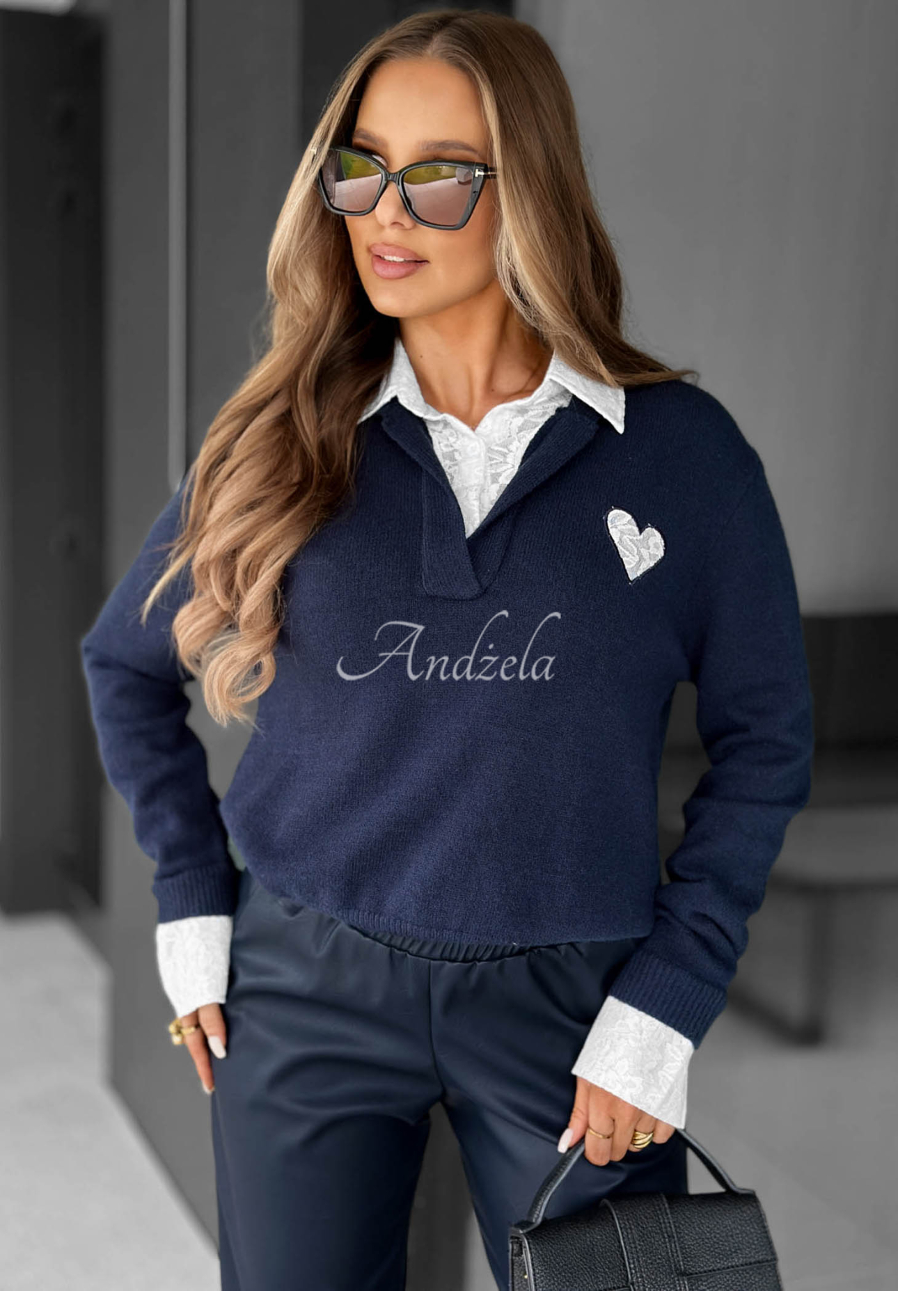 Cozy Charm Navy Blue Viscose Sweater with Lace Collar