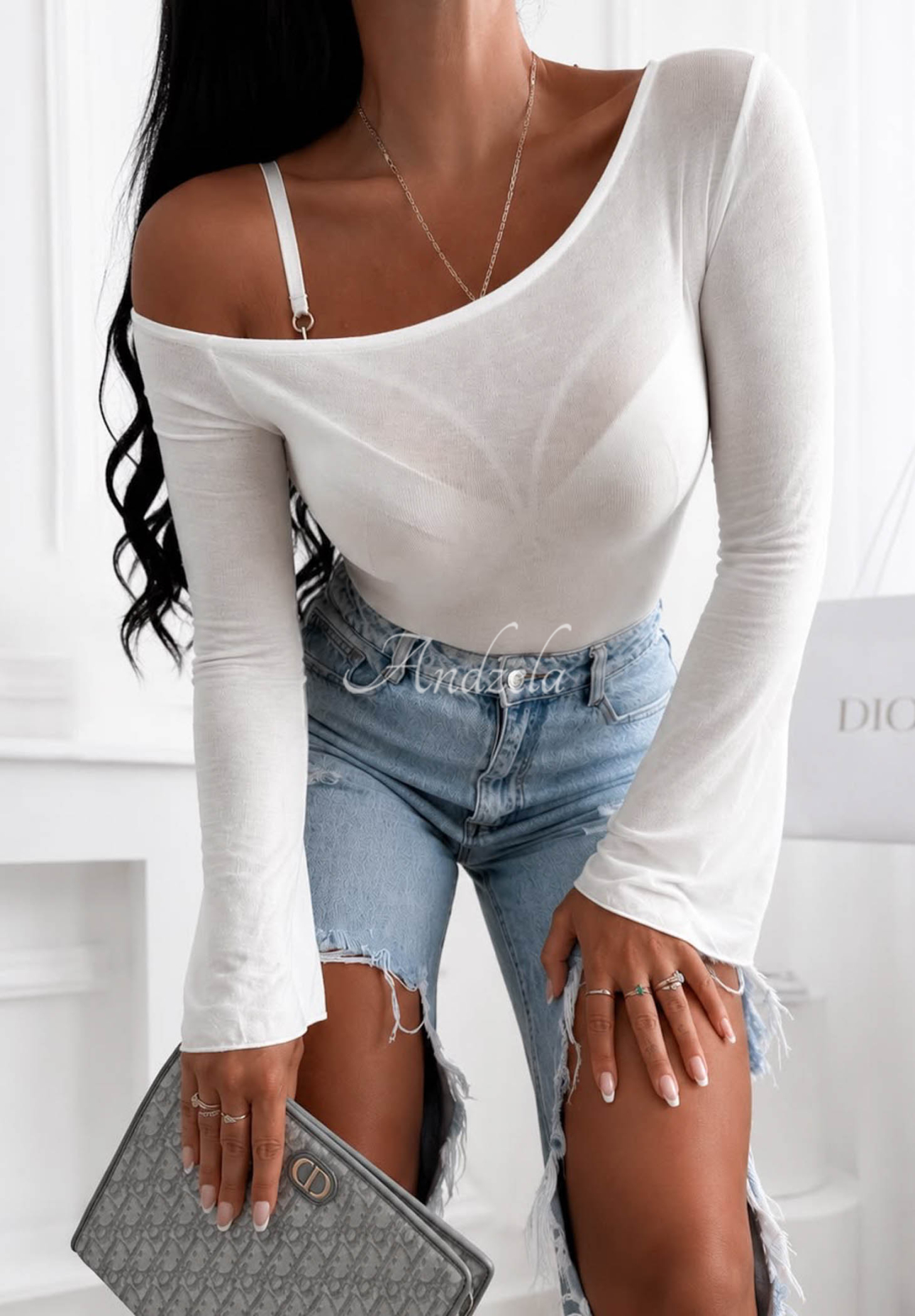 Asymmetrical blouse with flared sleeves, made with Make A Move modal in ecru