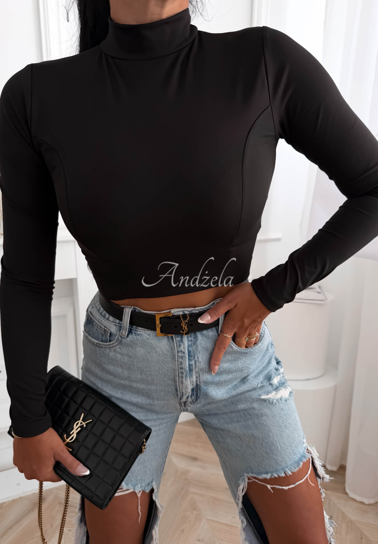Different Story Black Viscose Blouse with a Stand-Up Collar