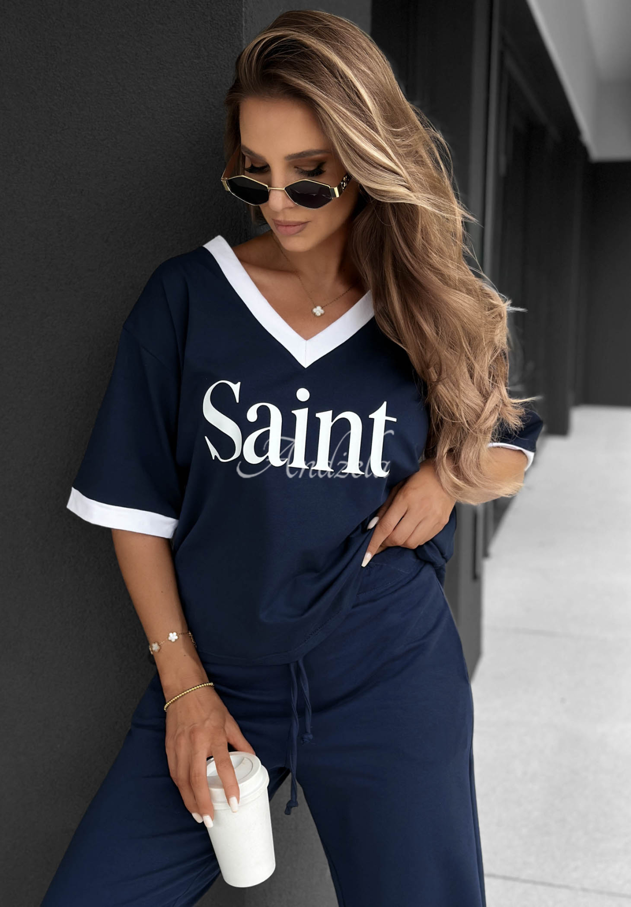 Navy Blue Cotton T-Shirt with "Saint" Print