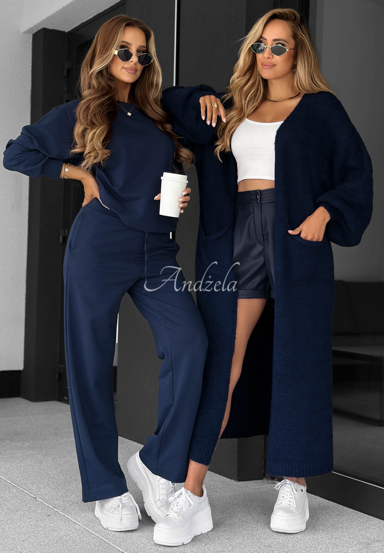Never Late Navy Blue Wide-Leg Cotton Sweatpants