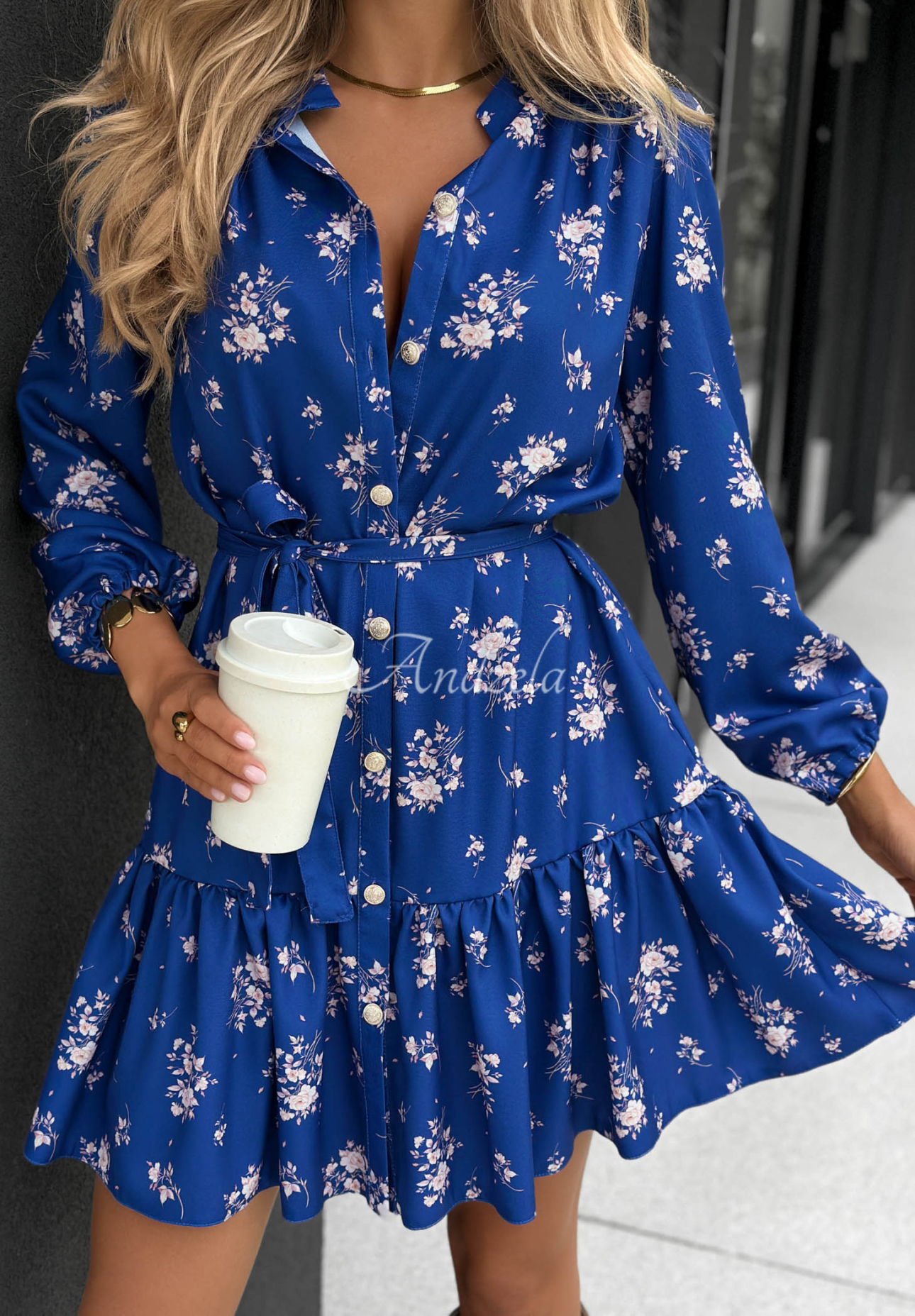 Call My Name Navy Blue Viscose Shirt Dress with Floral Ruffles