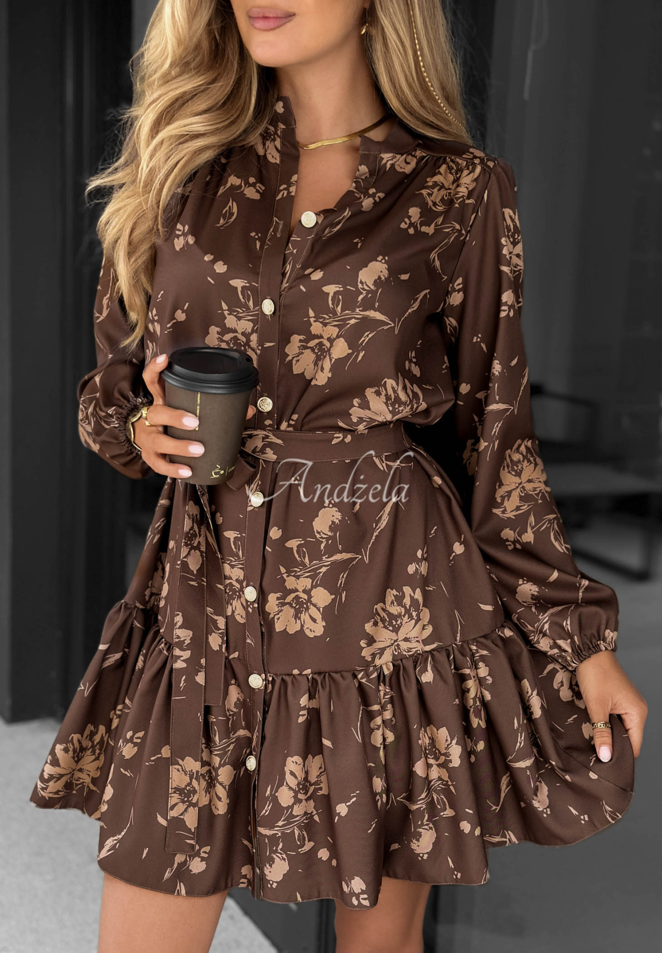 Call My Name Chocolate-Colored Viscose Shirt Dress with Floral Ruffles