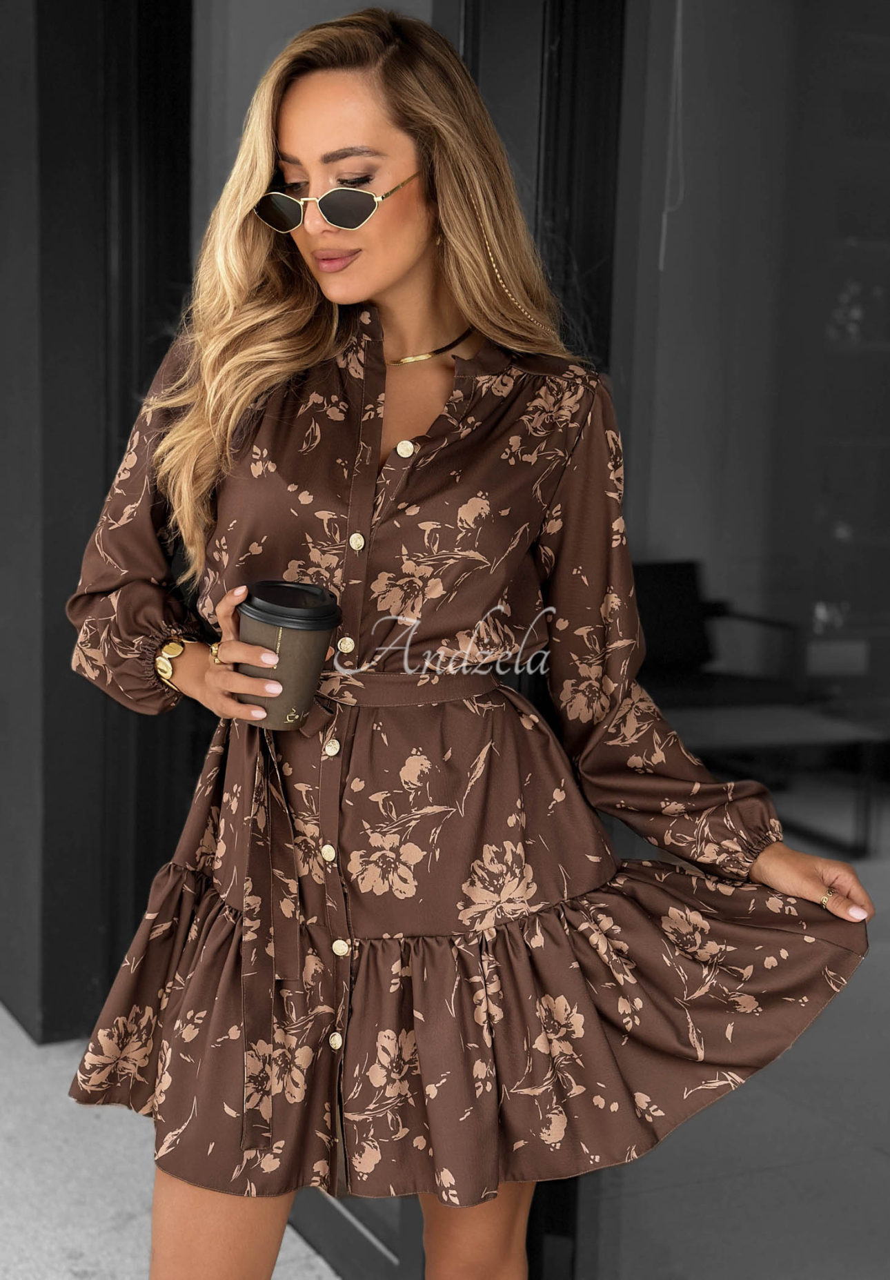 Call My Name Chocolate-Colored Viscose Shirt Dress with Floral Ruffles