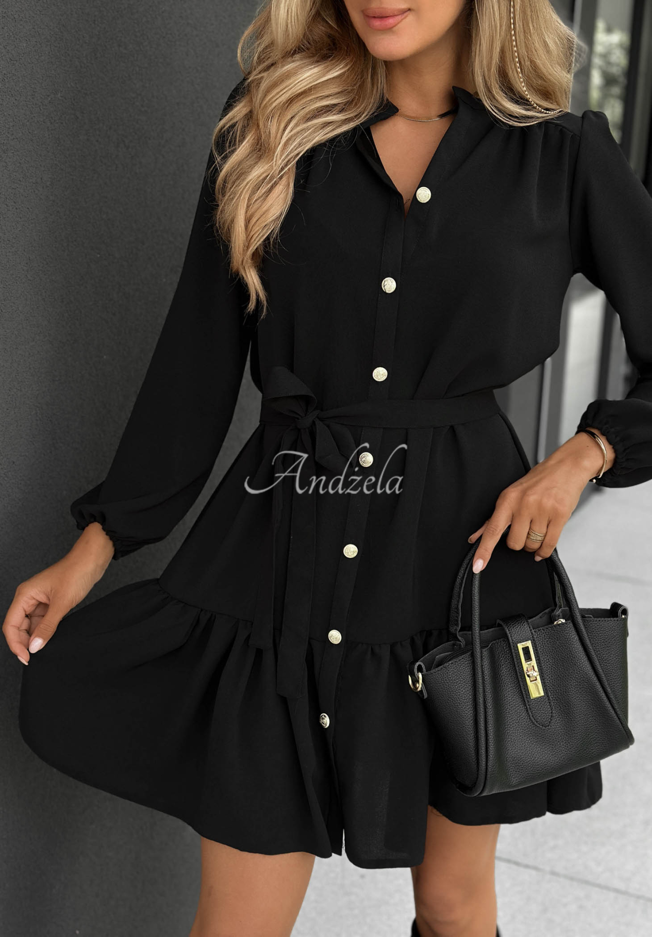 Call My Name Black Viscose Shirt Dress with Ruffles