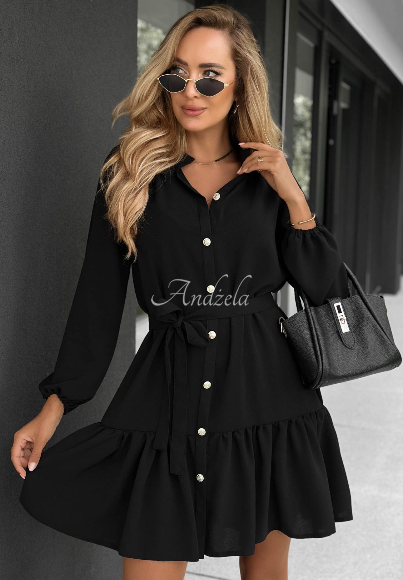 Call My Name Black Viscose Shirt Dress with Ruffles