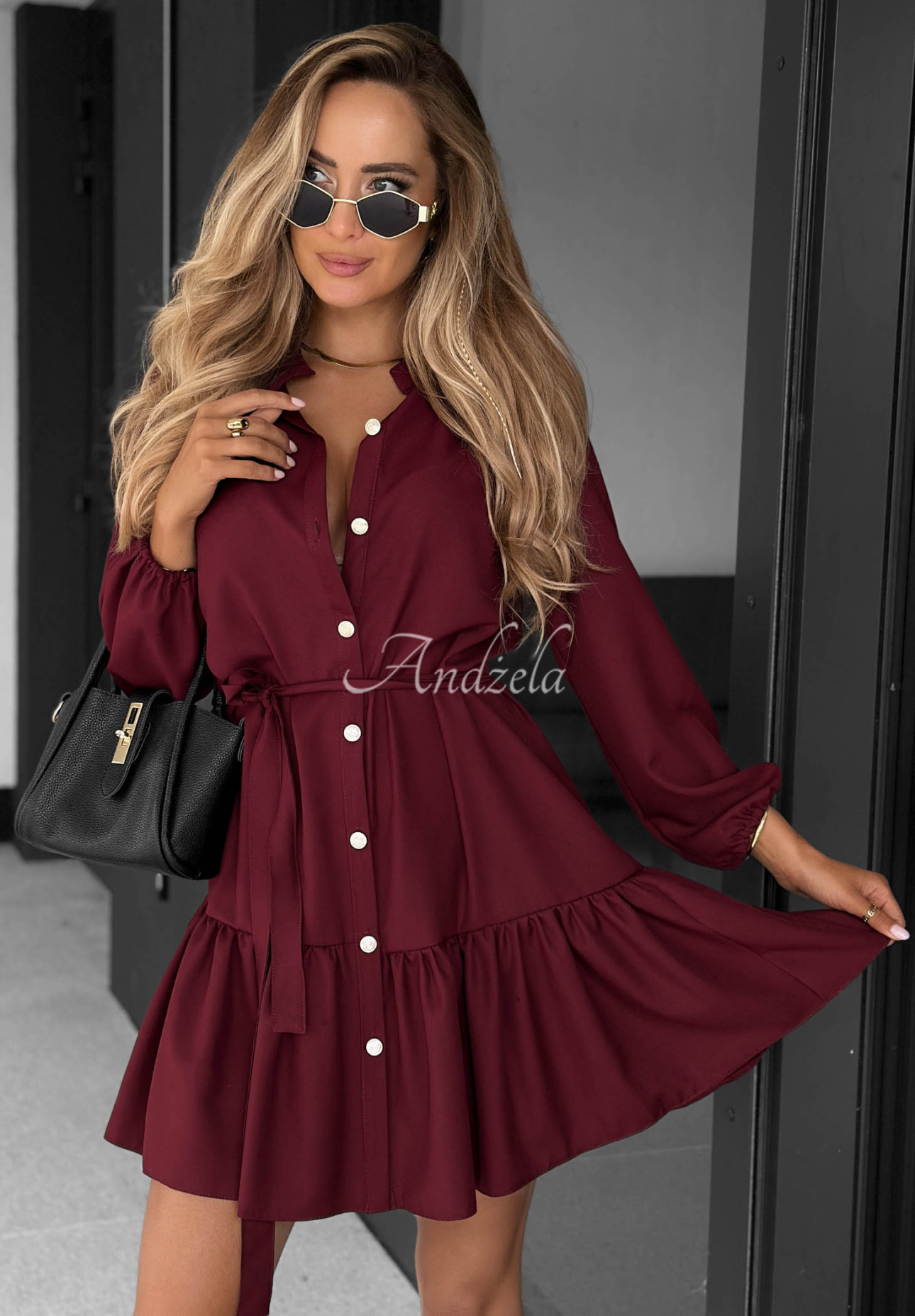 Call My Name Burgundy Viscose Shirt Dress with Ruffles