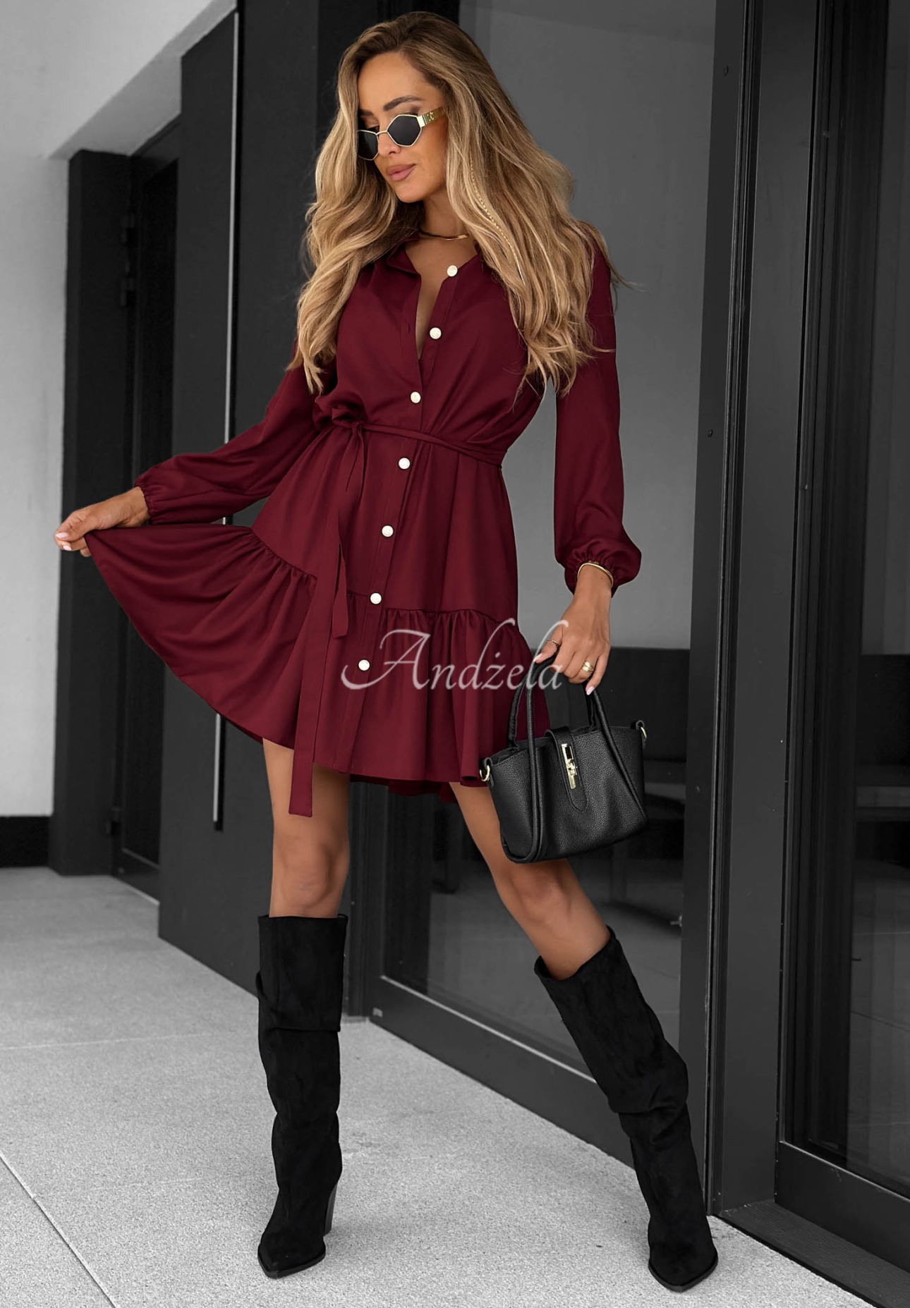 Call My Name Burgundy Viscose Shirt Dress with Ruffles