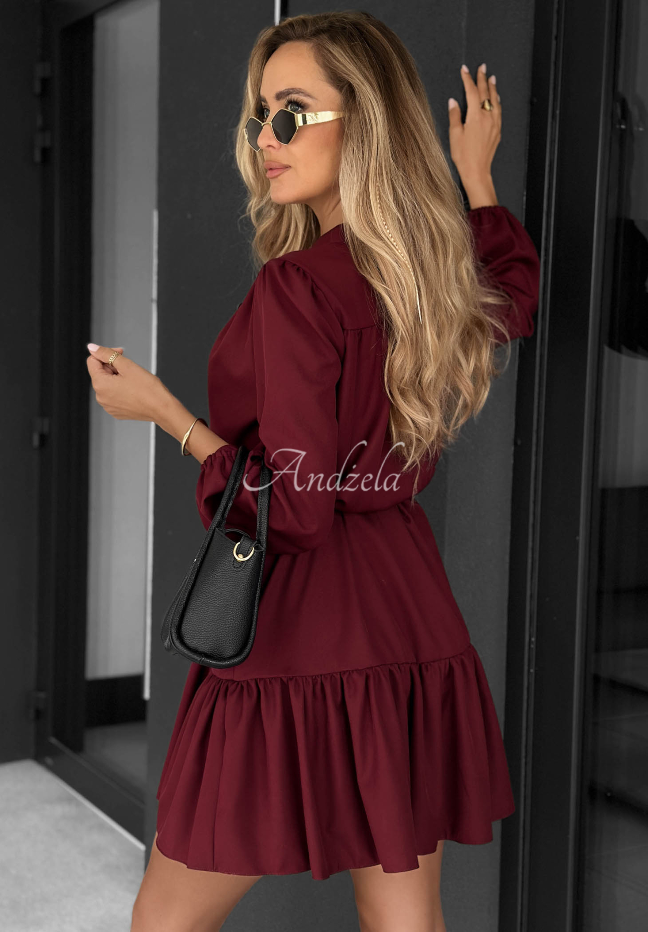 Call My Name Burgundy Viscose Shirt Dress with Ruffles