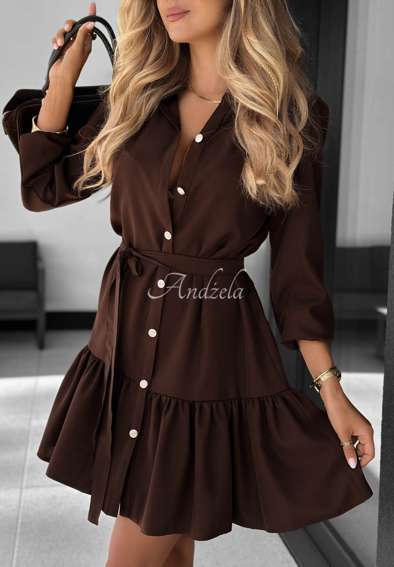 Call My Name Chocolate-Colored Viscose Shirt Dress with Ruffles