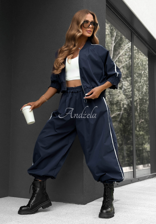 Unbelievable Navy Blue Cotton Jacket and Pants Set with Stripes