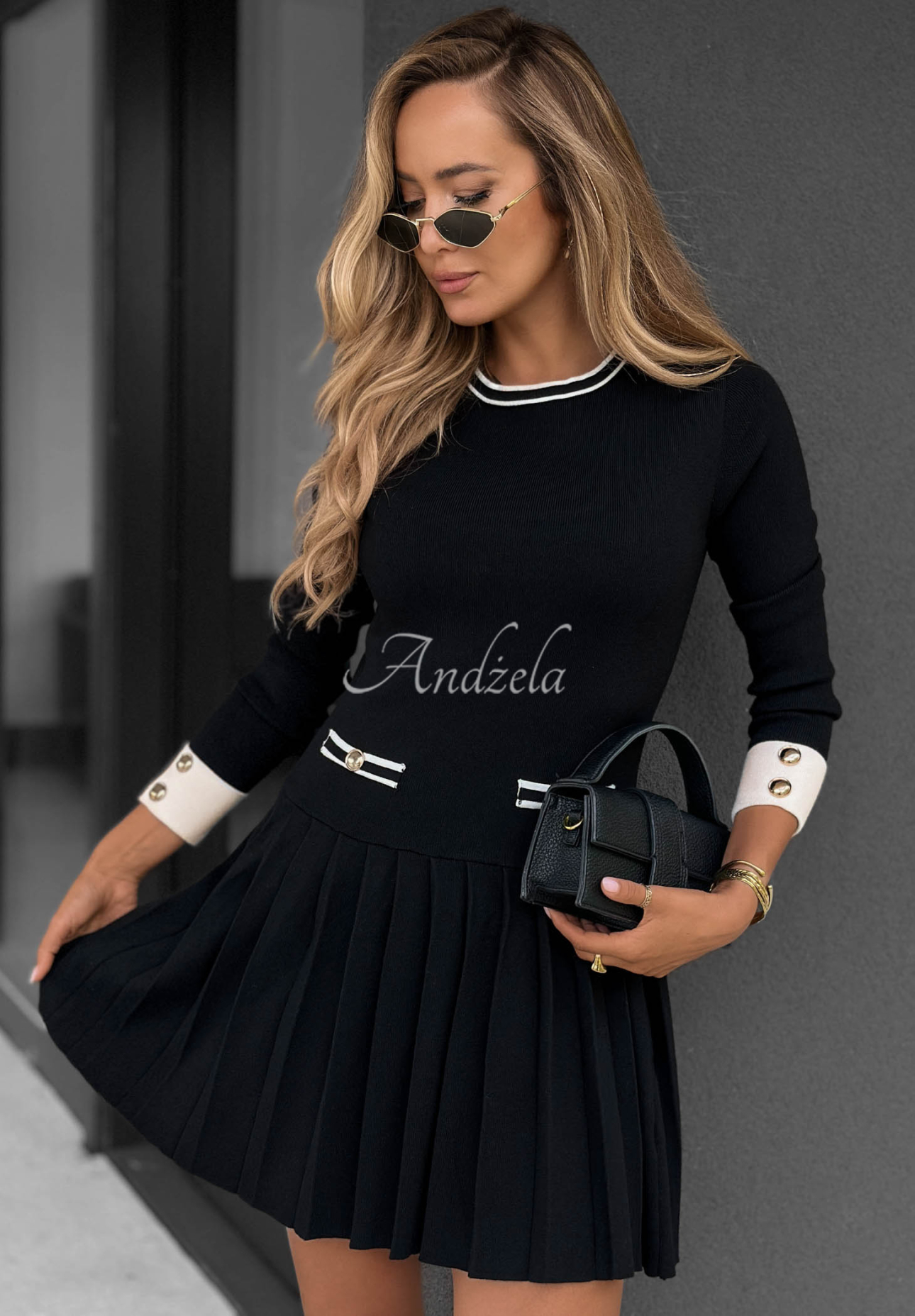Soft Harmony Black Viscose Knit Dress with Pleated Hem