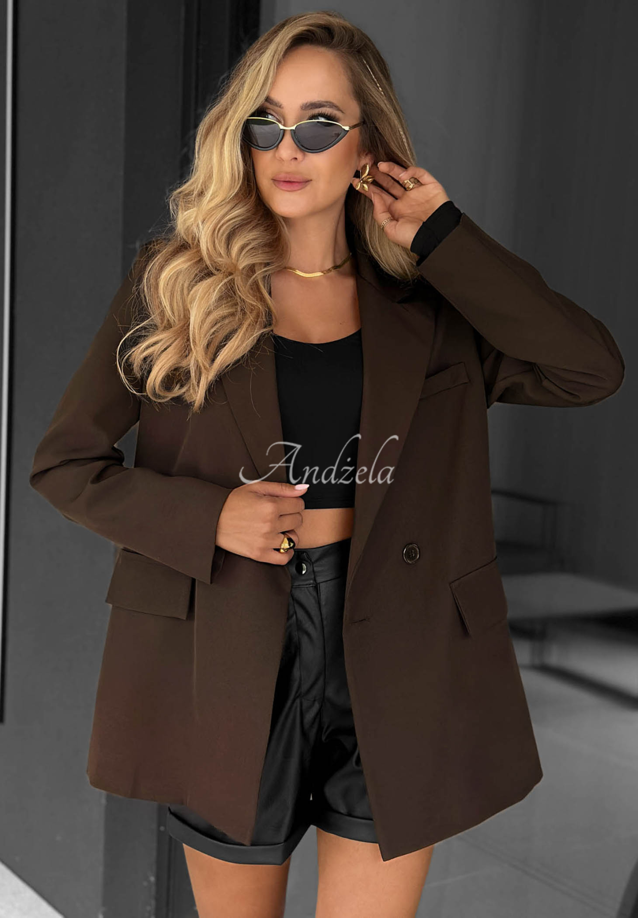 Classy Touch Double-Breasted Blazer in Chocolate Brown