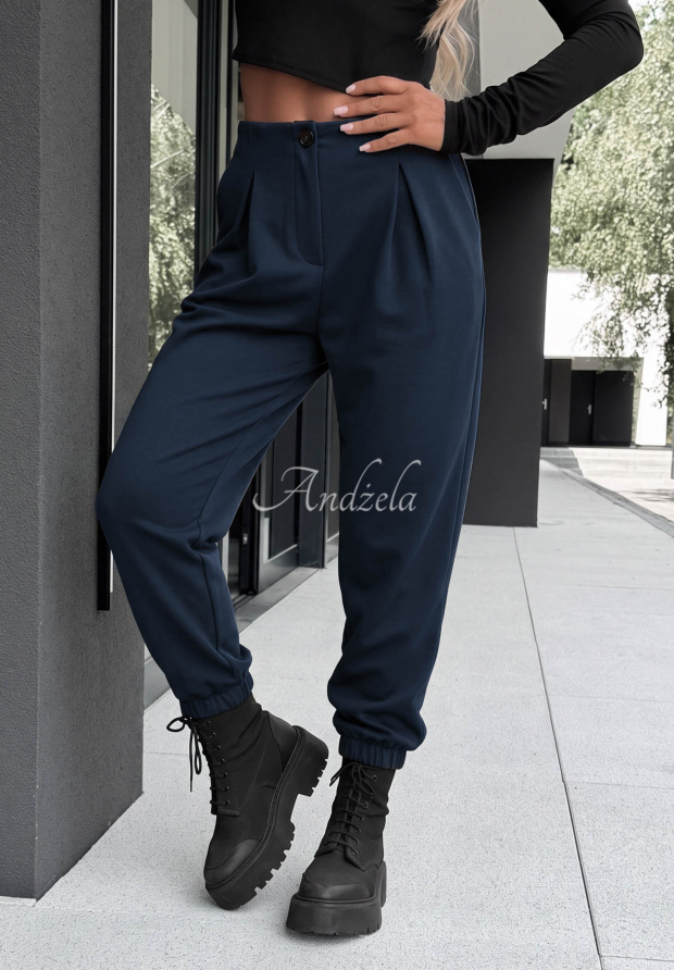 Wiskozowe spodnie masełko ze ściągaczami What You Wanted granatowe