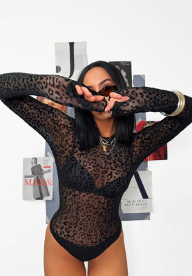 La Milla Wild Couture Black Leopard-Print Mesh Bodysuit