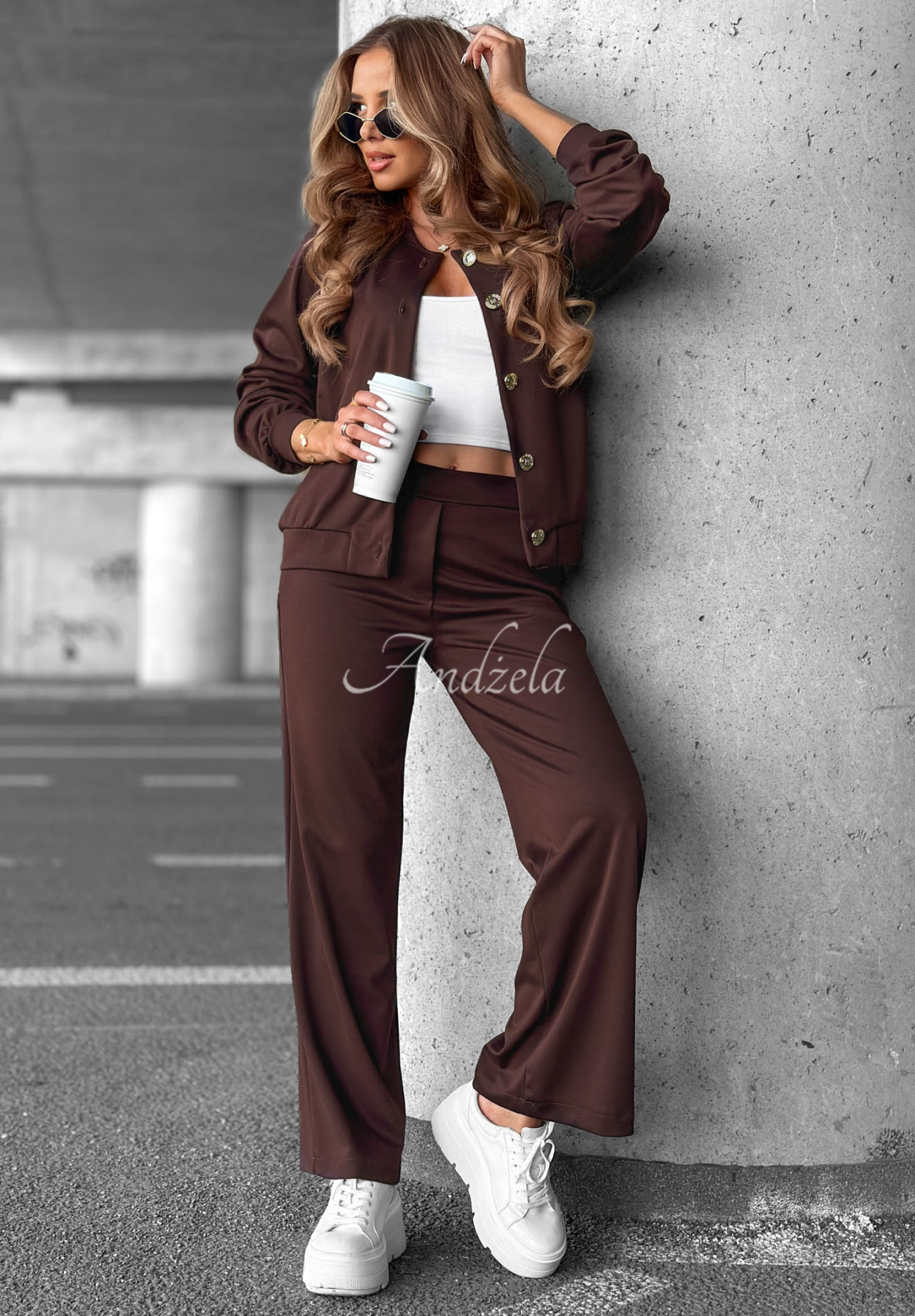 Comfort Story Chocolate-Colored Cotton Sweatsuit Set: Button-Up Sweatshirt and Pants