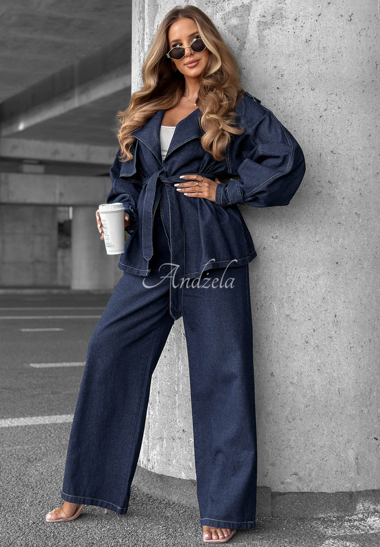 Denim Set: Short Trench Coat and Wide-Leg Pants, Autumn Edit, Navy Blue