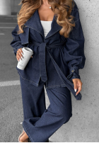 Jeansowy komplet krótki trencz i spodnie wide leg Autumn Edit granatowy