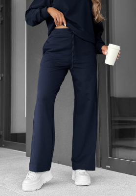 Never Late Navy Blue Wide-Leg Cotton Sweatpants