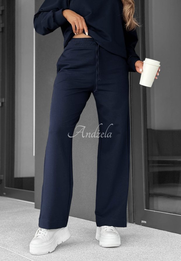 Never Late Navy Blue Wide-Leg Cotton Sweatpants