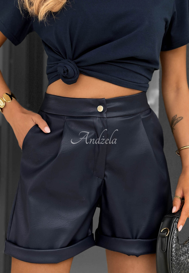 One Moment Navy Blue Leather Shorts