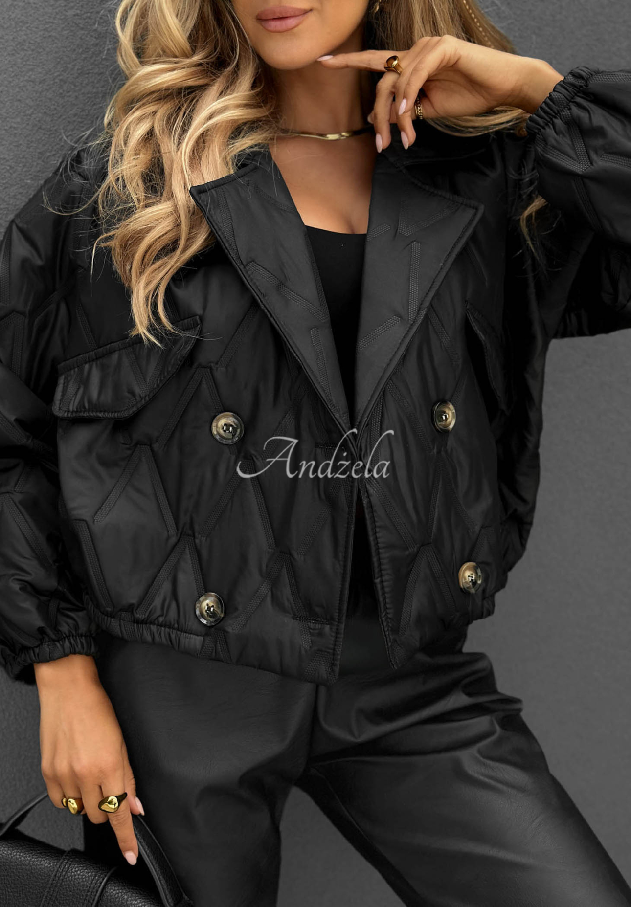 Frost Morning Short Quilted Jacket with Collar, Black
