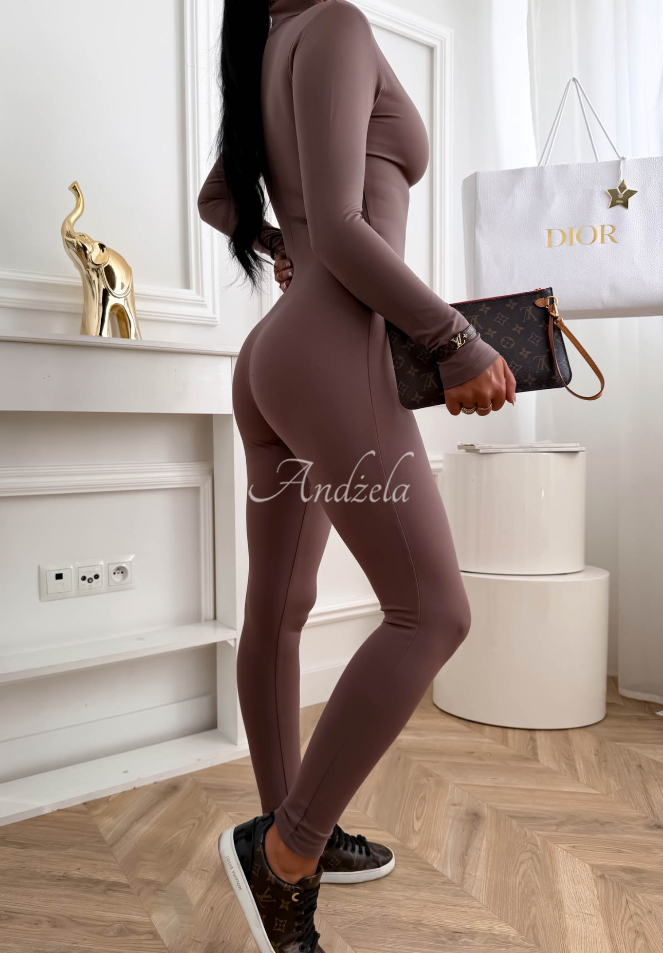 Oh Wow Long Fitted Jumpsuit with Zipper in Mocha