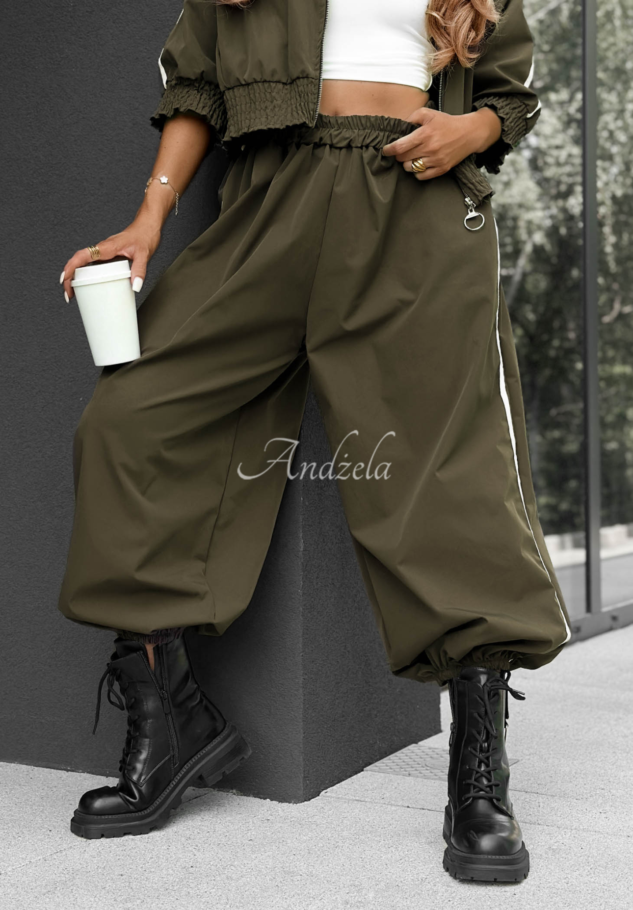 Unbelievable khaki cotton jacket and pants set with stripes