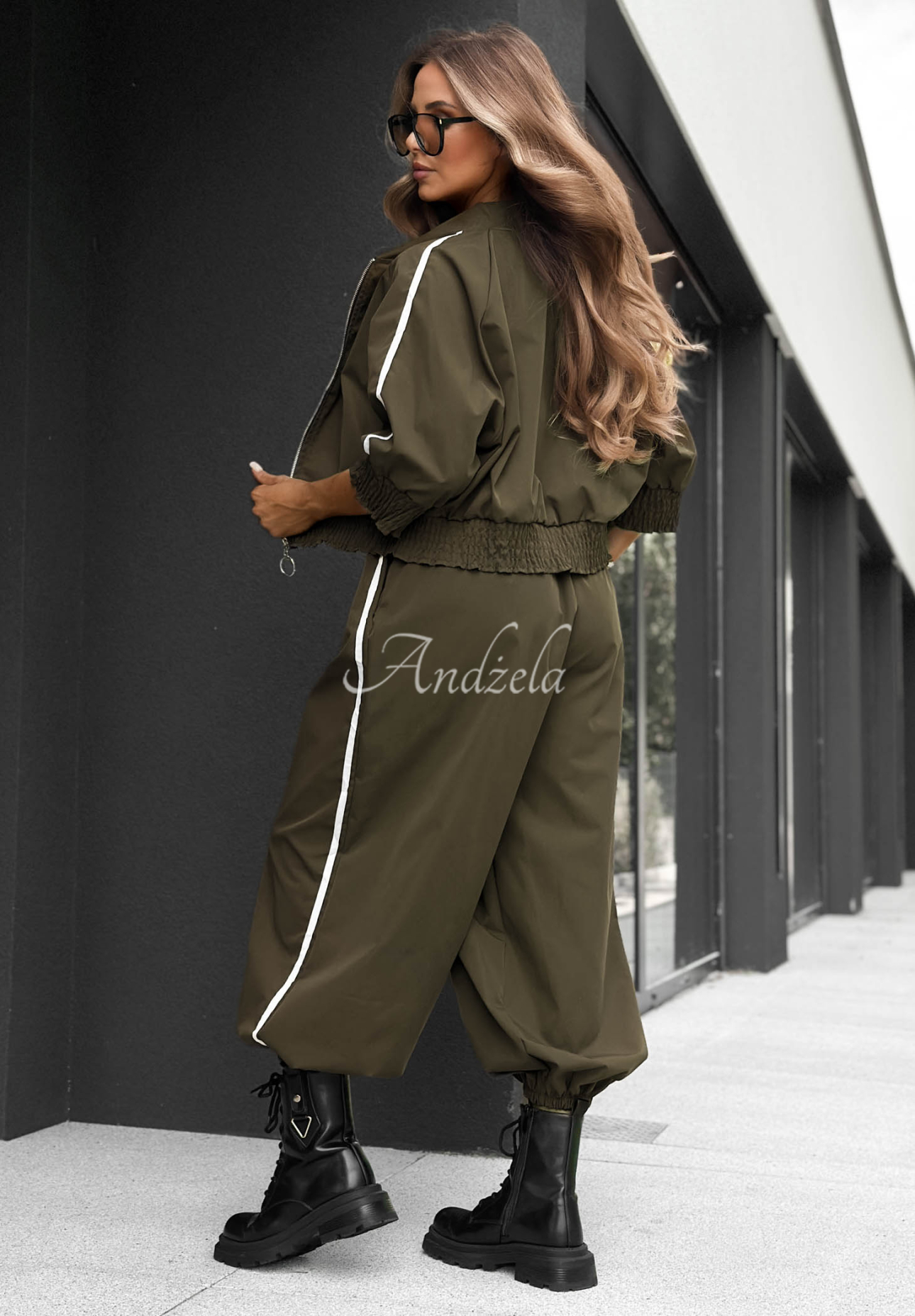 Unbelievable khaki cotton jacket and pants set with stripes