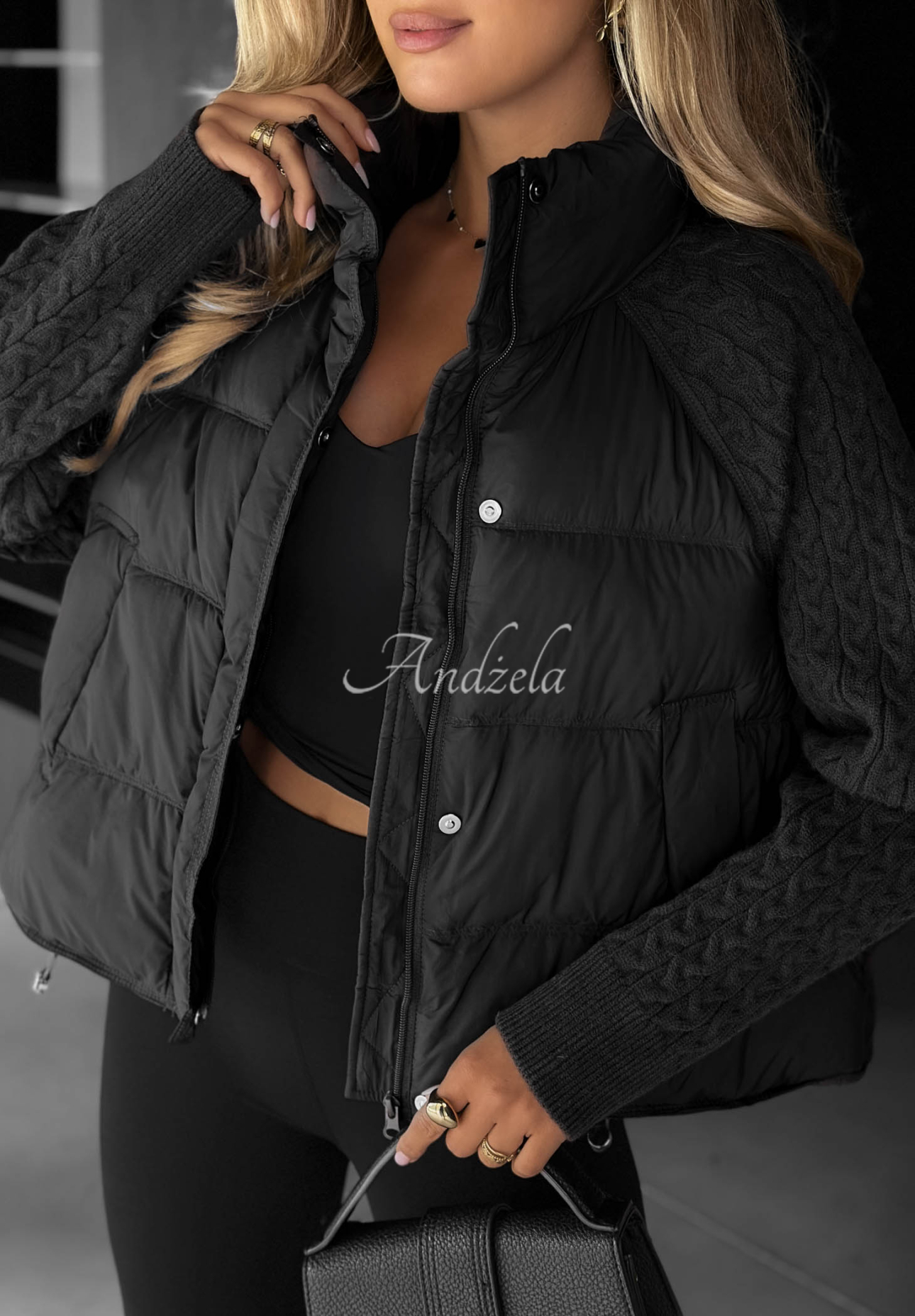 Never Leave Down Jacket with Knit Inserts, Black