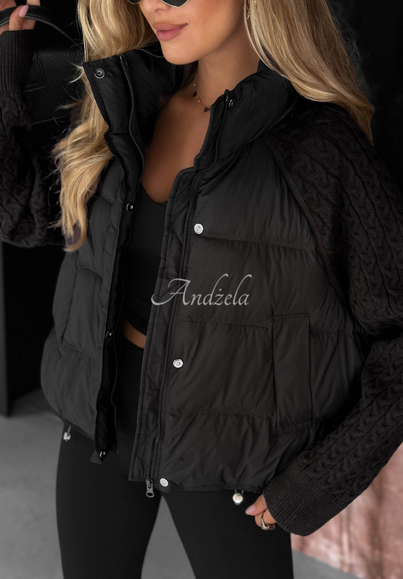 Never Leave Down Jacket with Knit Inserts, Black