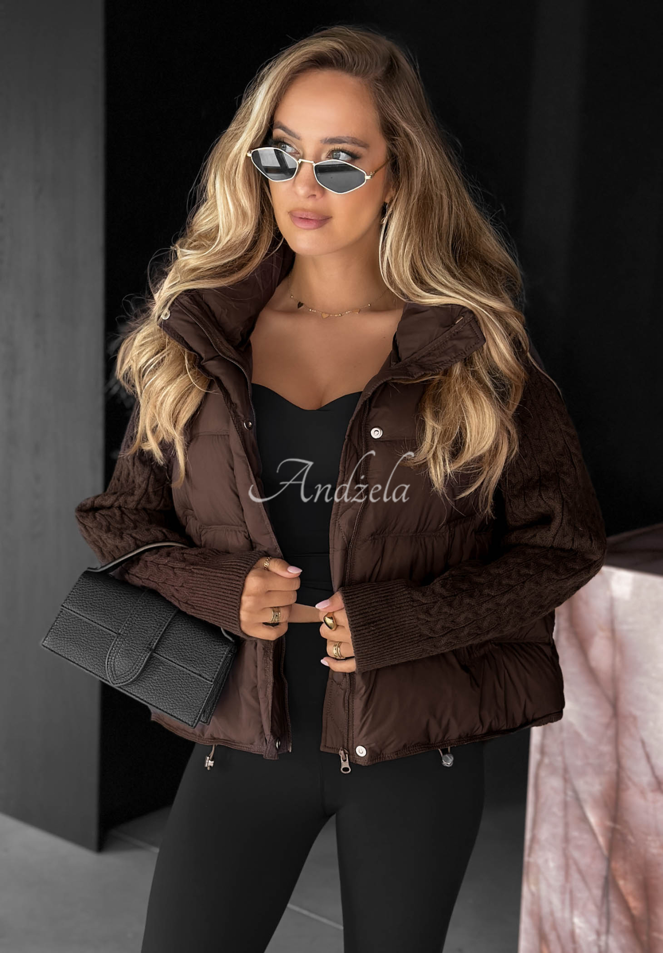 Never Leave Down Jacket with Knit Inserts in Chocolate Brown