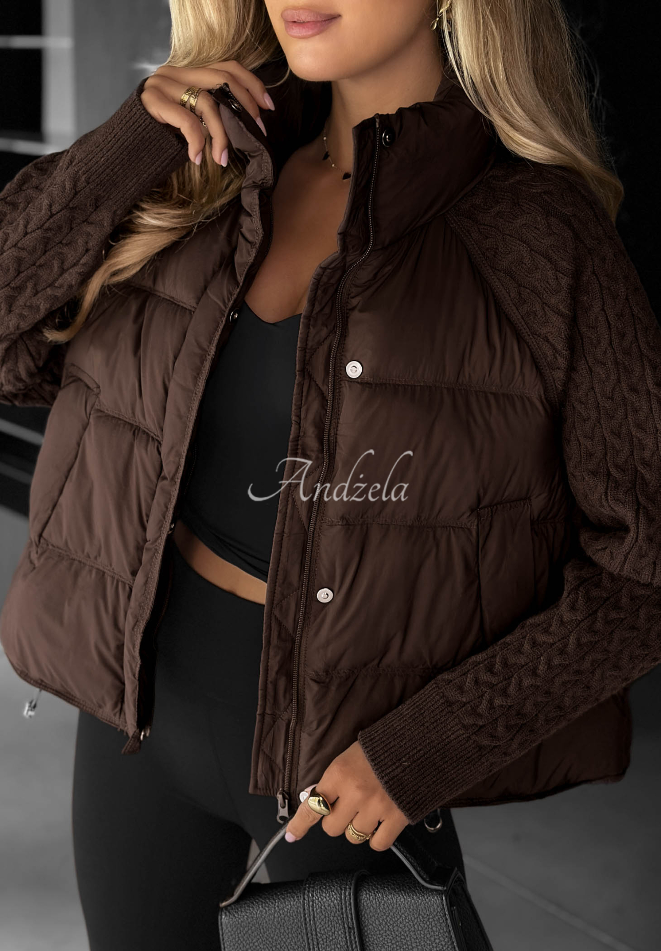 Never Leave Down Jacket with Knit Inserts in Chocolate Brown