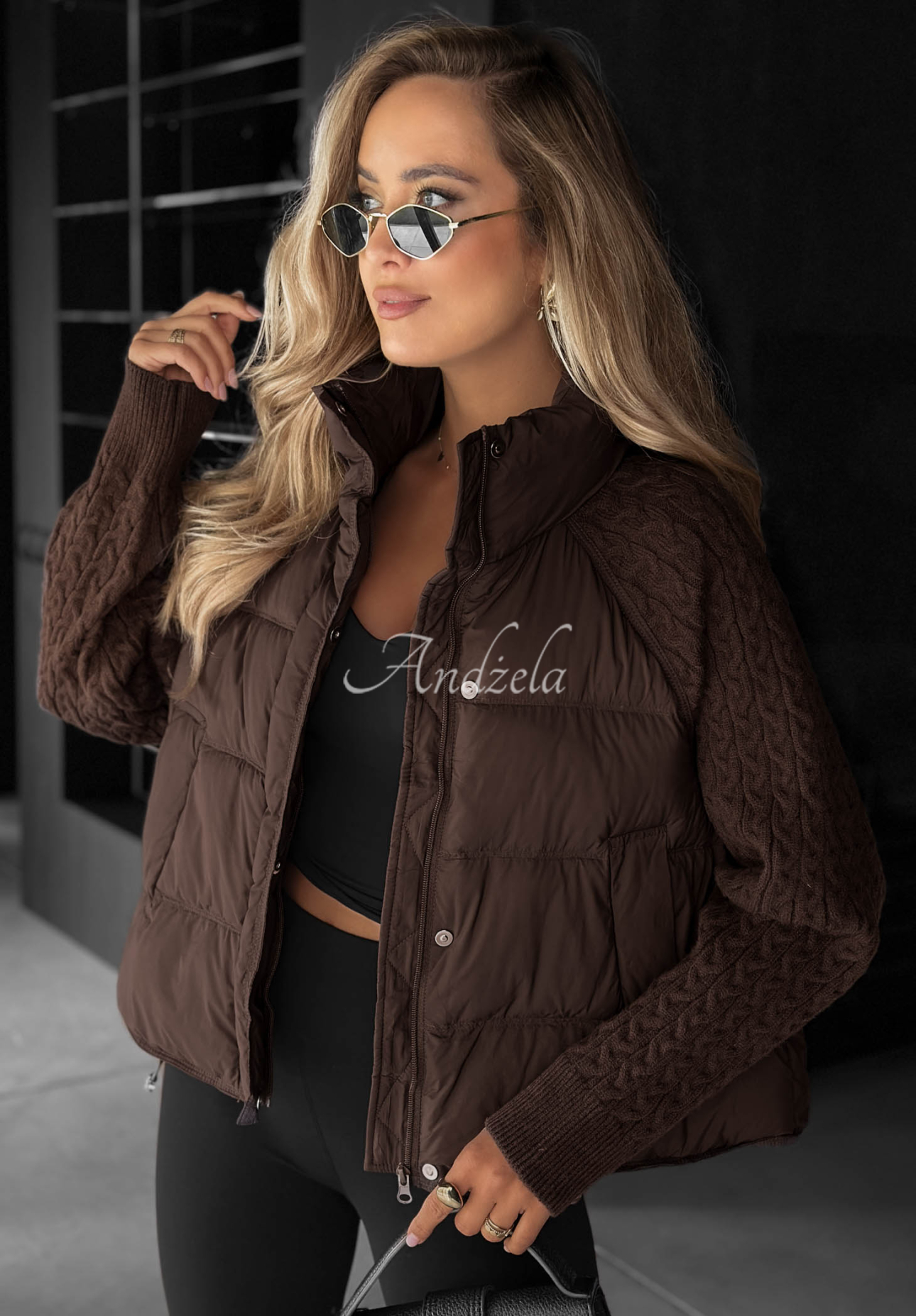 Never Leave Down Jacket with Knit Inserts in Chocolate Brown