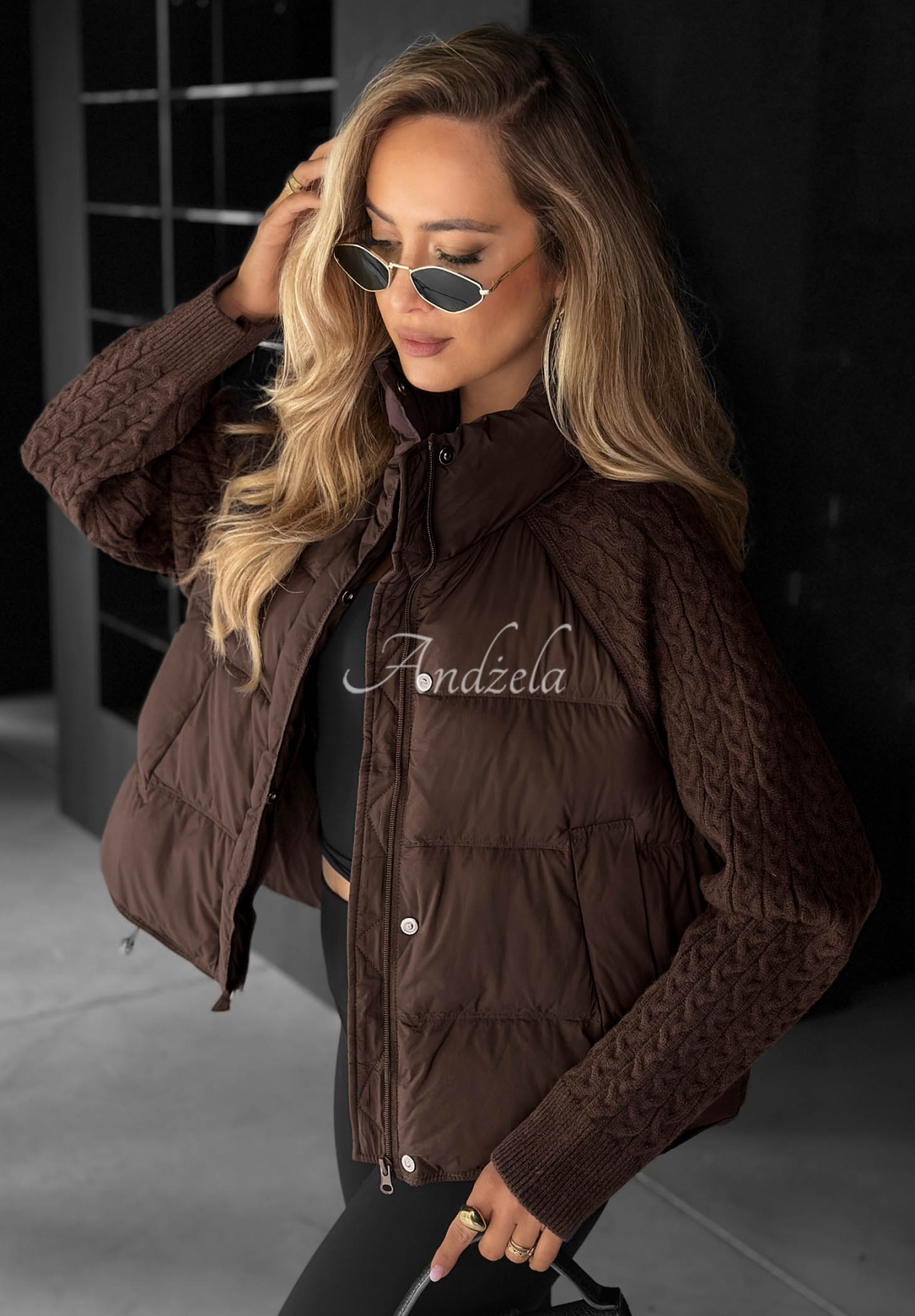 Never Leave Down Jacket with Knit Inserts in Chocolate Brown