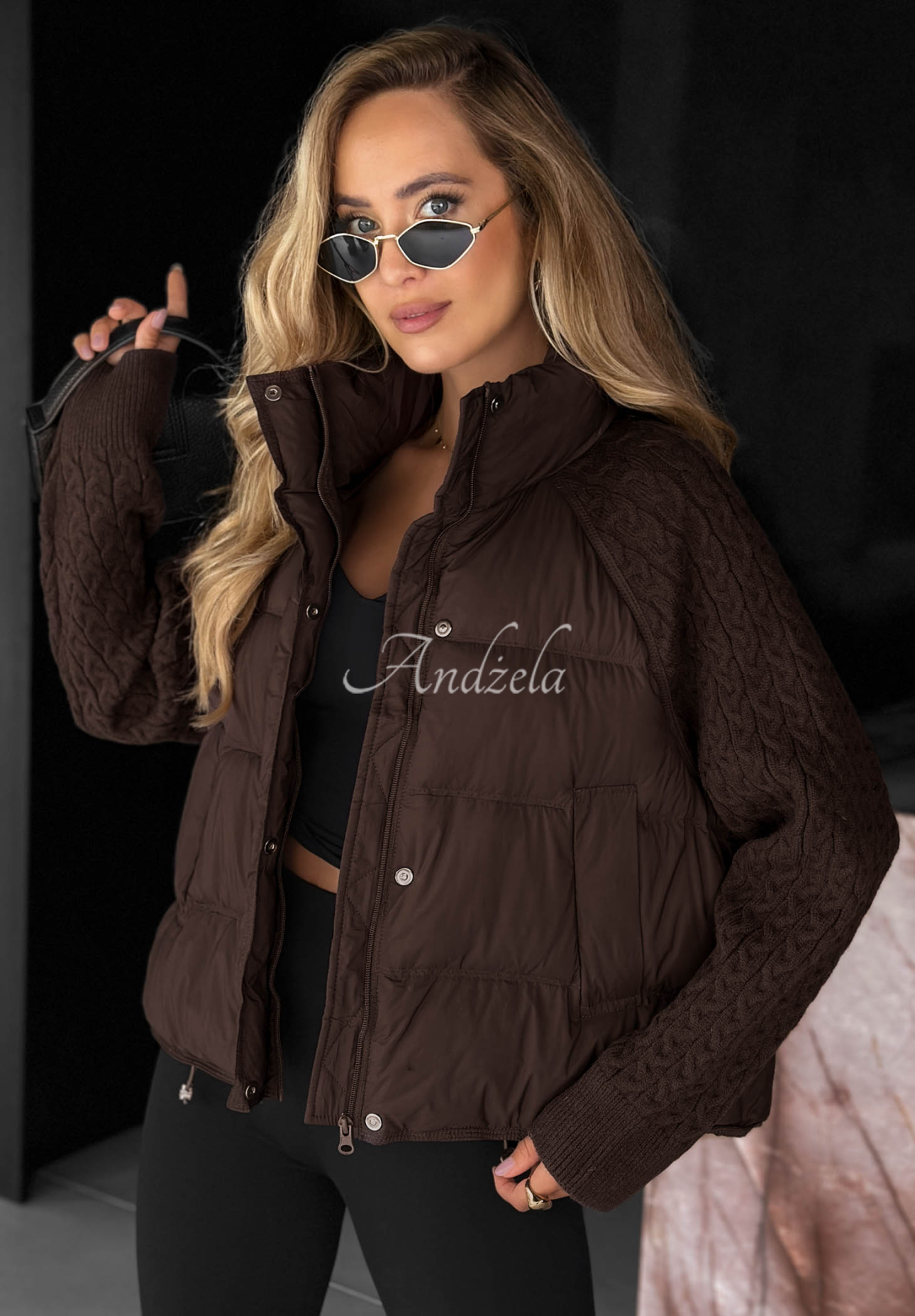 Never Leave Down Jacket with Knit Inserts in Chocolate Brown
