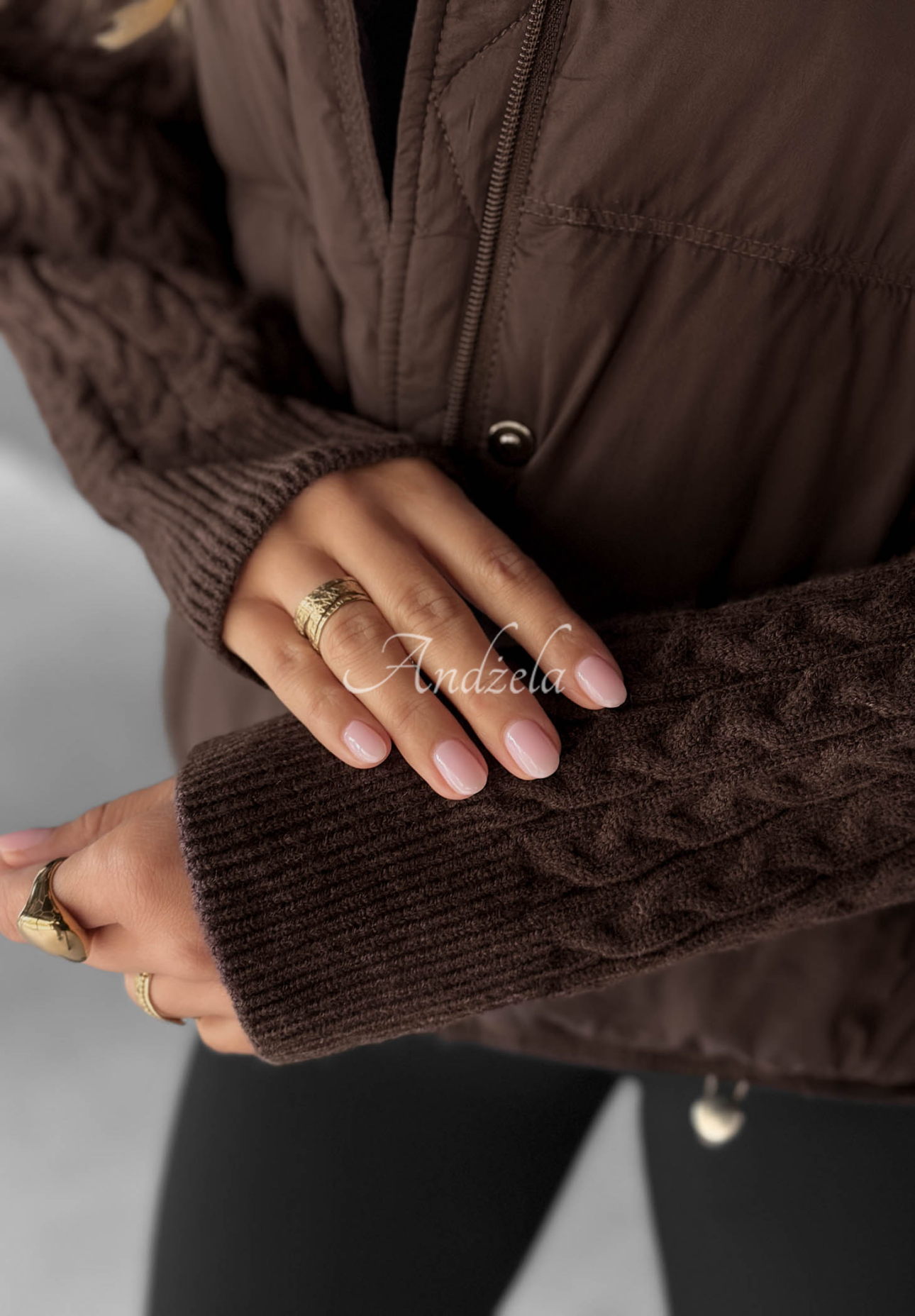 Never Leave Down Jacket with Knit Inserts in Chocolate Brown