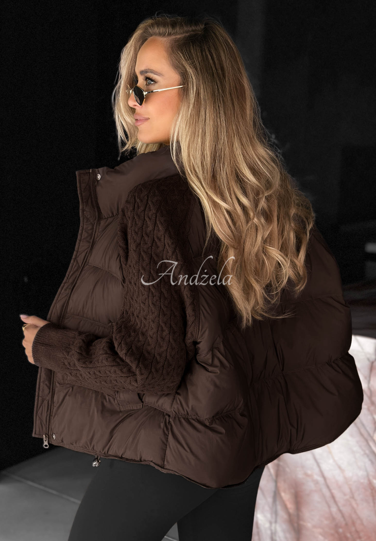 Never Leave Down Jacket with Knit Inserts in Chocolate Brown