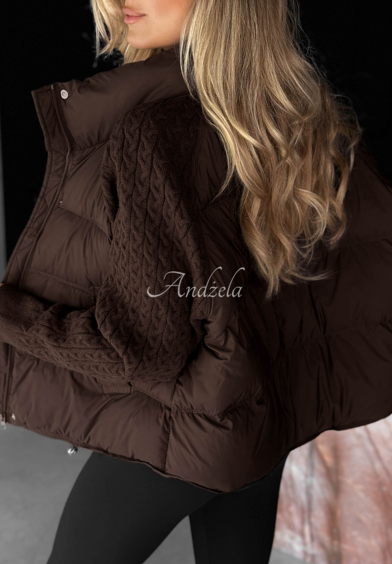 Never Leave Down Jacket with Knit Inserts in Chocolate Brown