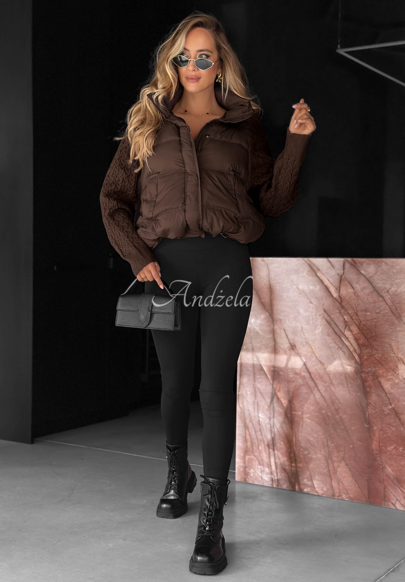 Never Leave Down Jacket with Knit Inserts in Chocolate Brown