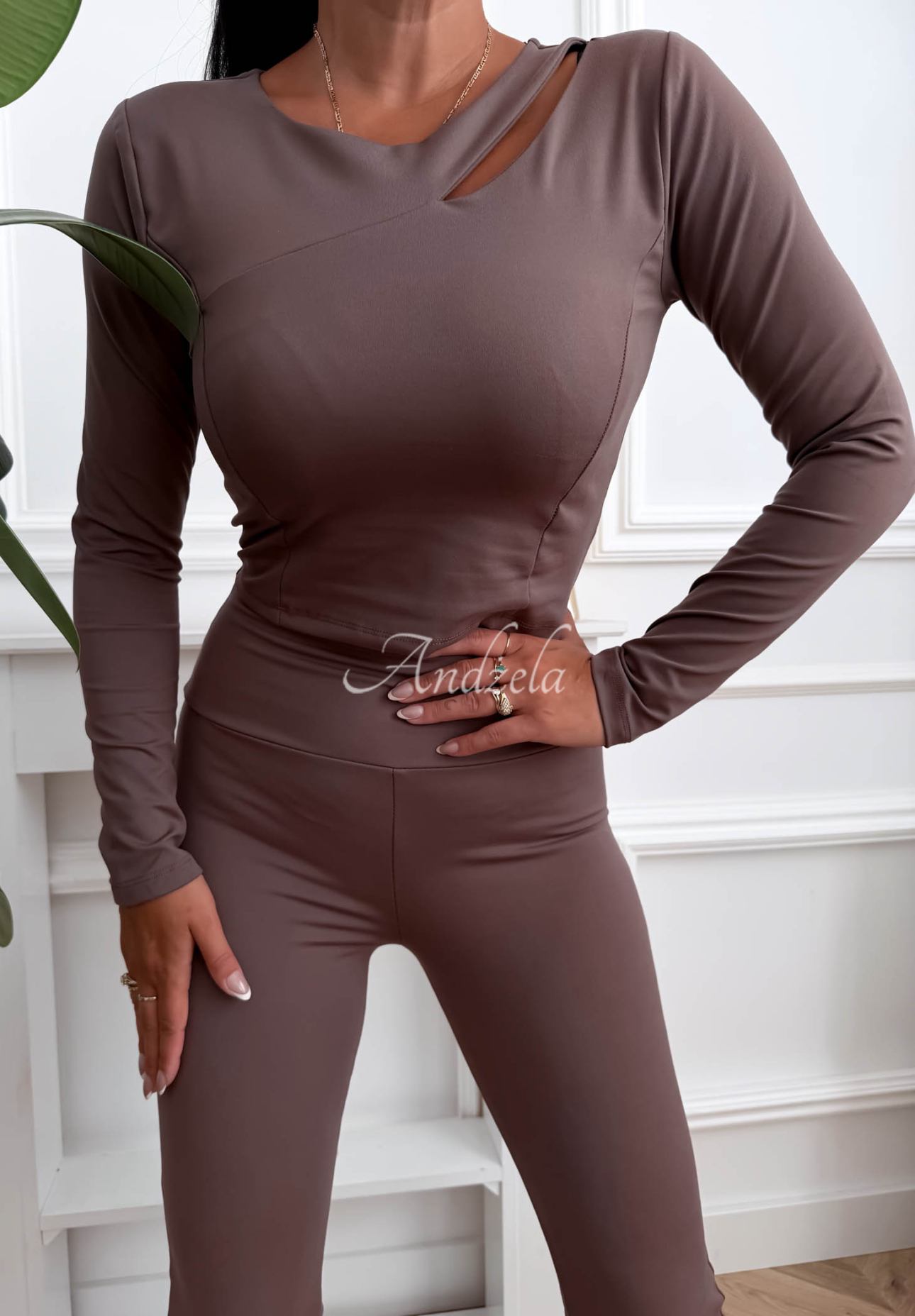 Another Time mocha viscose blouse with a cutout