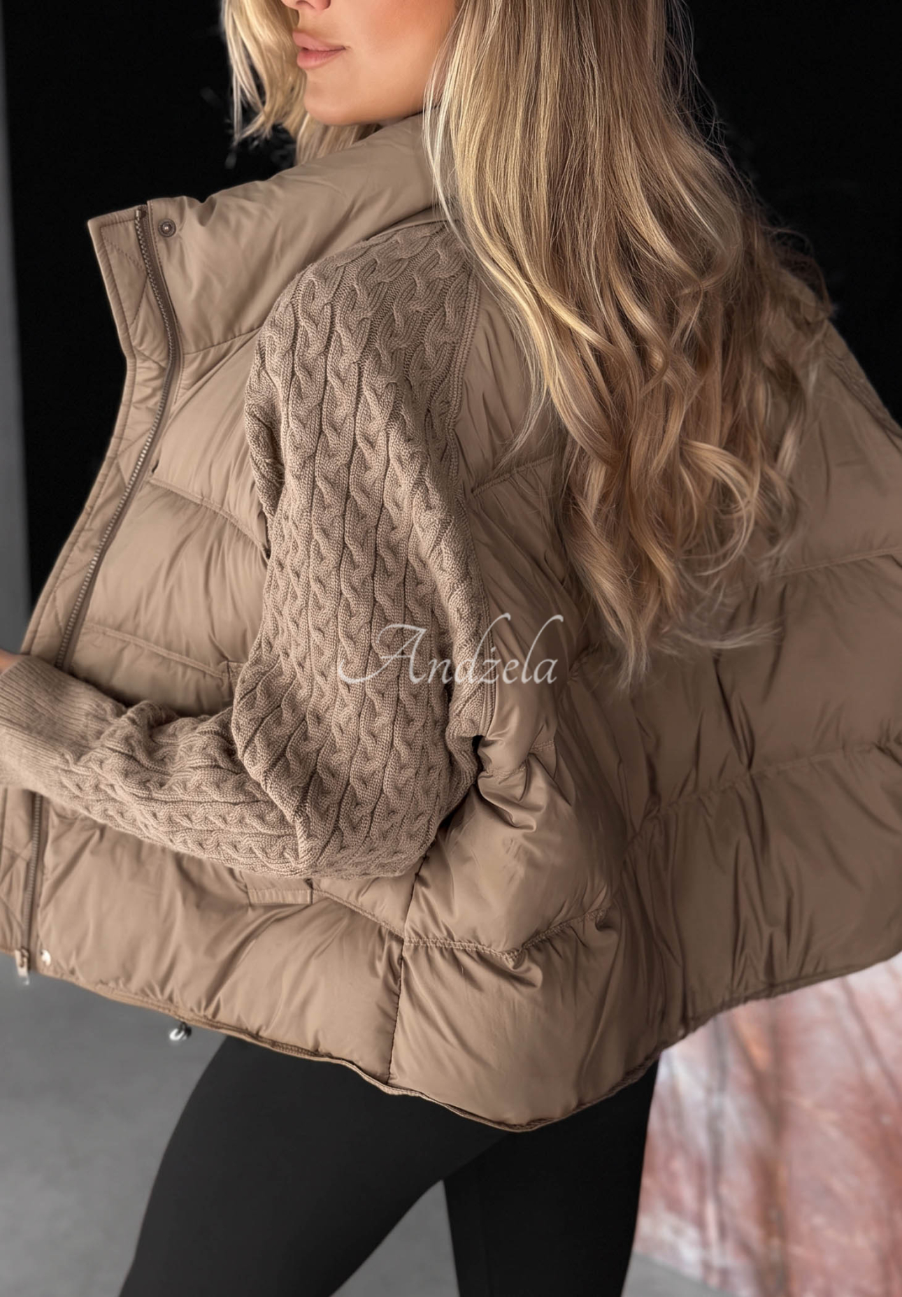 Never Leave Beige Down Jacket with Knit Inserts