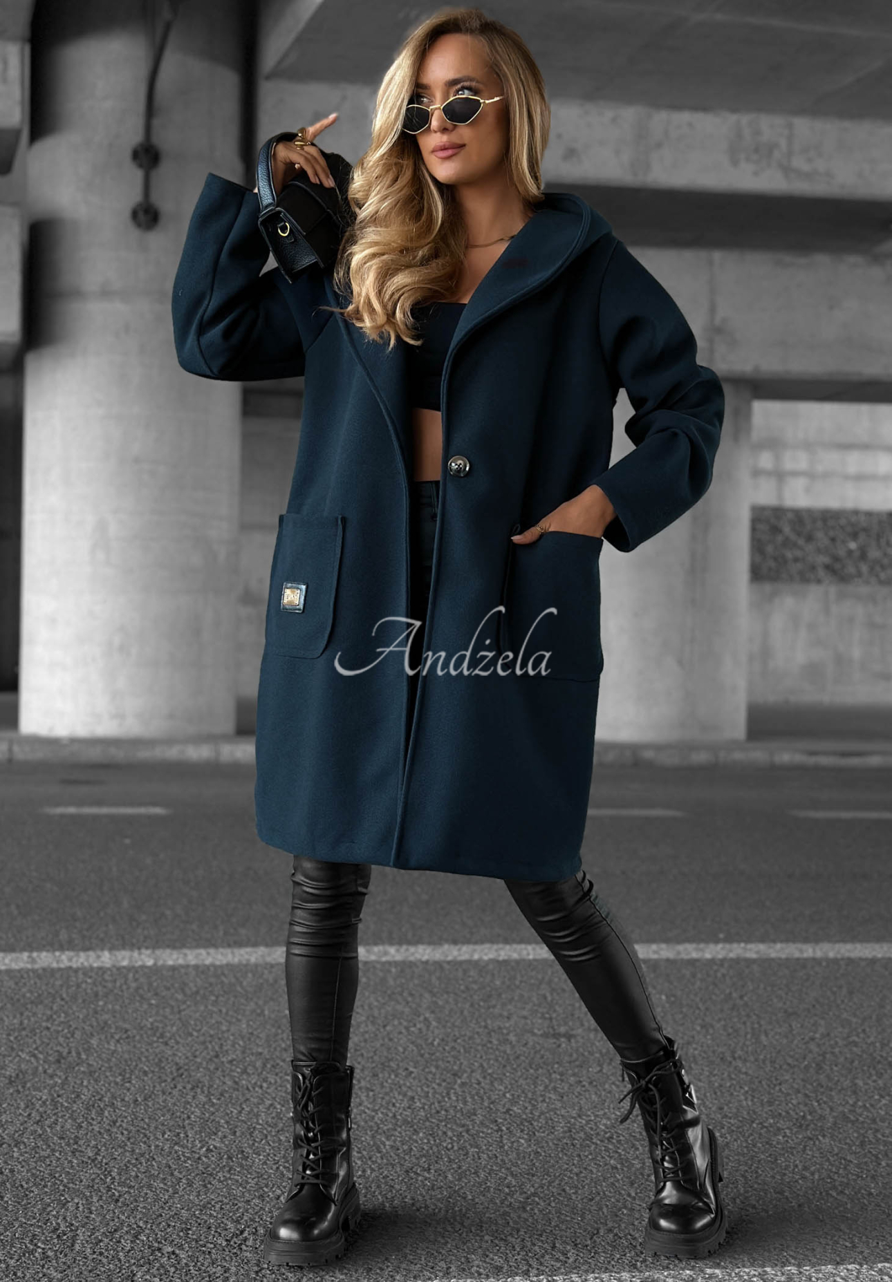 Long, oversized hooded coat—Autumn Coat, navy blue