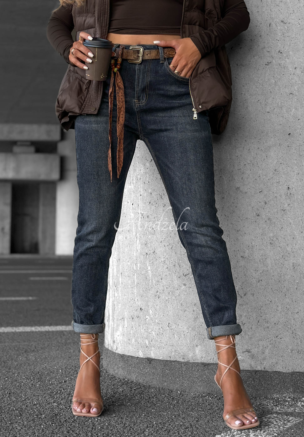 Spodnie jeansowe skinny z paskiem Just For Fun granatowe