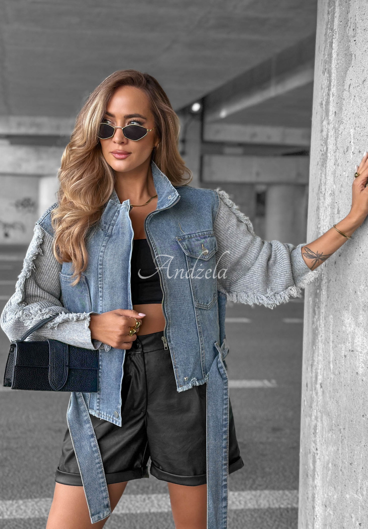 Gloomy Mood Short Denim Jacket with Knit Sleeves, Blue-Gray