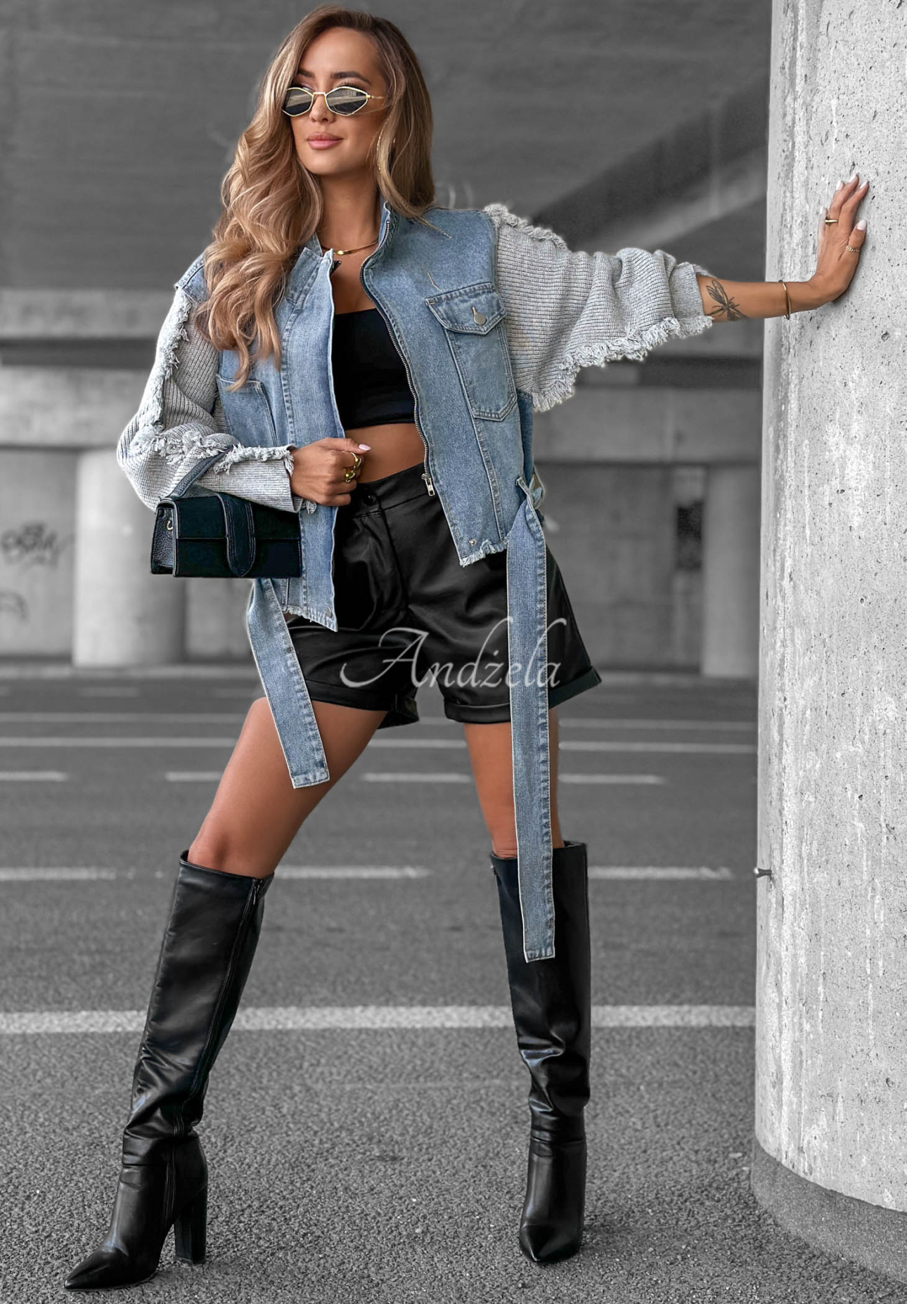 Gloomy Mood Short Denim Jacket with Knit Sleeves, Blue-Gray