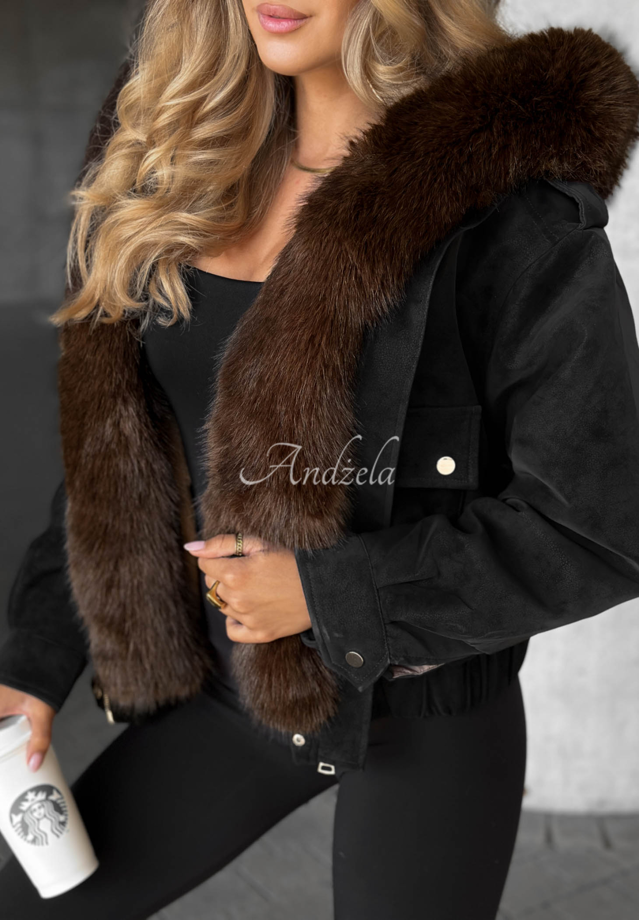 Morning Haze Short Bomber Jacket with Fur Trim, Black