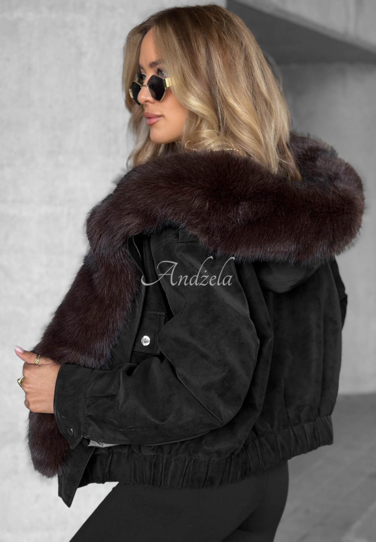 Morning Haze Short Bomber Jacket with Fur Trim, Black