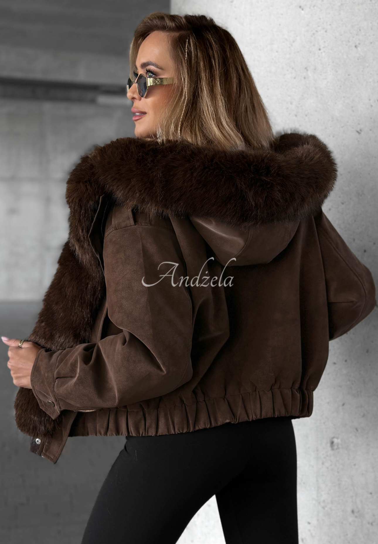 Morning Haze Short Bomber Jacket with Fur Trim, Chocolate Brown