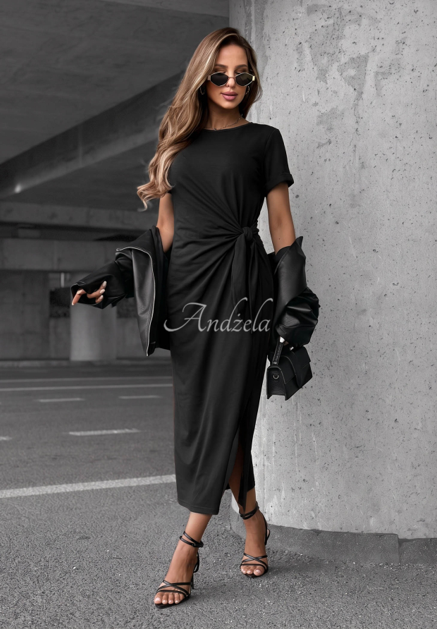 Lady Perfection Black Cotton Midi Dress with Tie and Slit